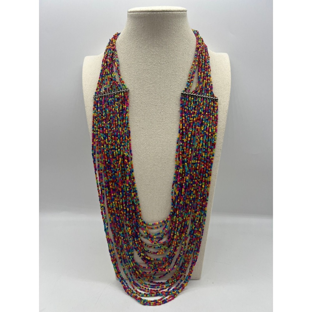 Colorful Multi Strand Cube Bead Statement Necklace Rainbow Festival Boho